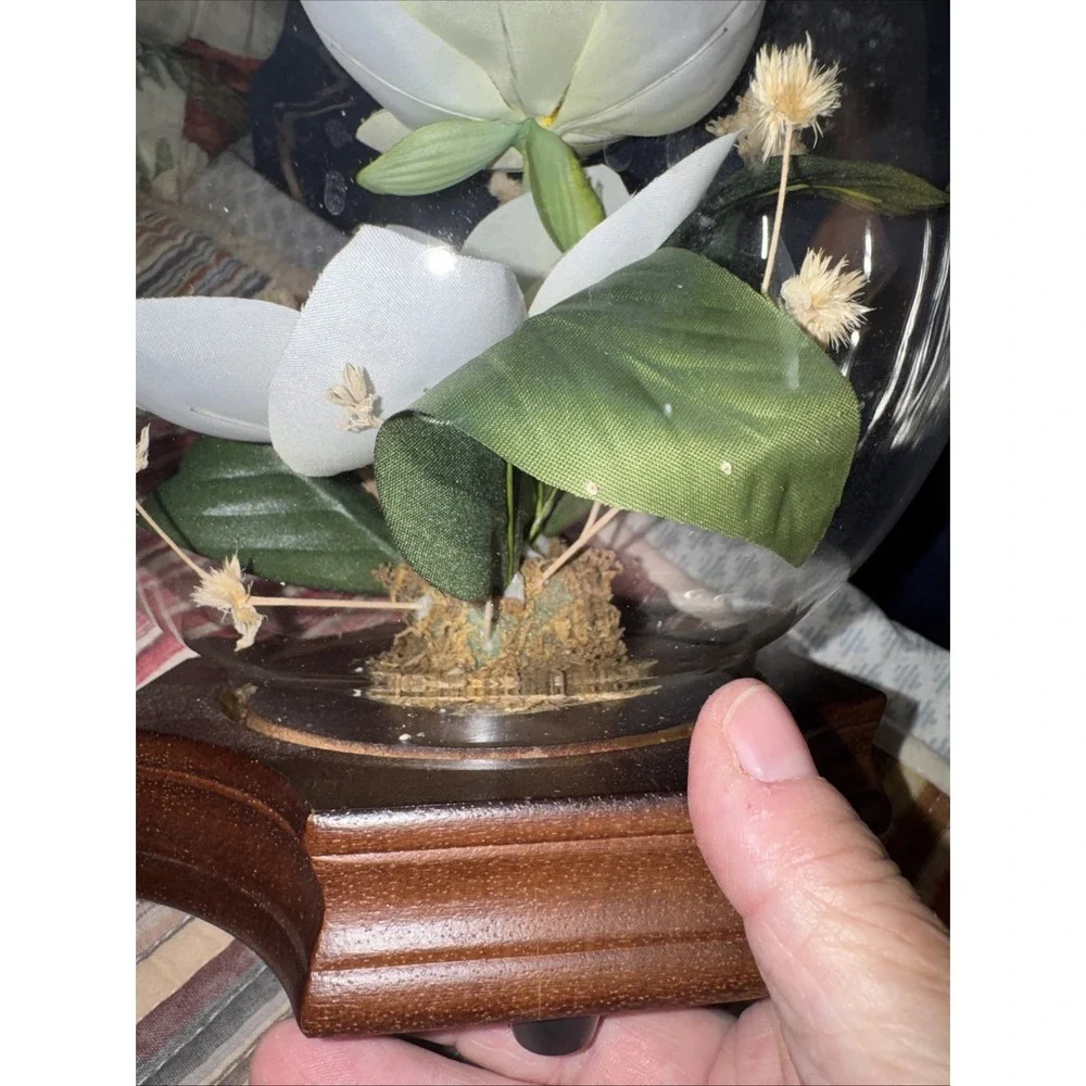 MCM Floral Plastic Globe Dome On Wood Base Retro GrannyCore Cottagecore